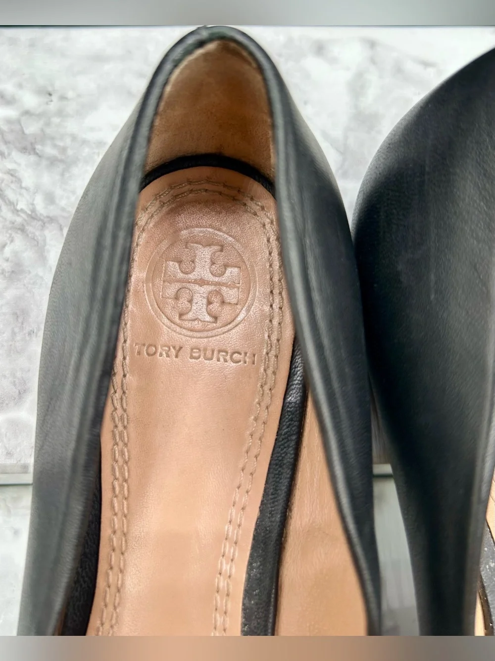 Tory Burch Black Leather Logo Ballet Flats